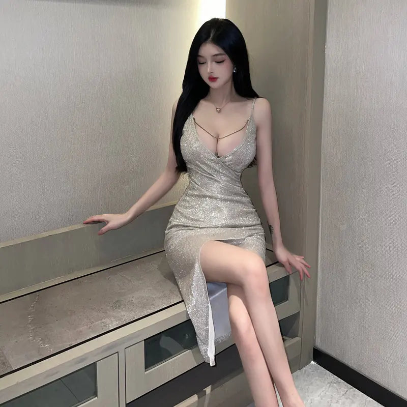 Nightclub Dress with Low V-Neck and Slit Design