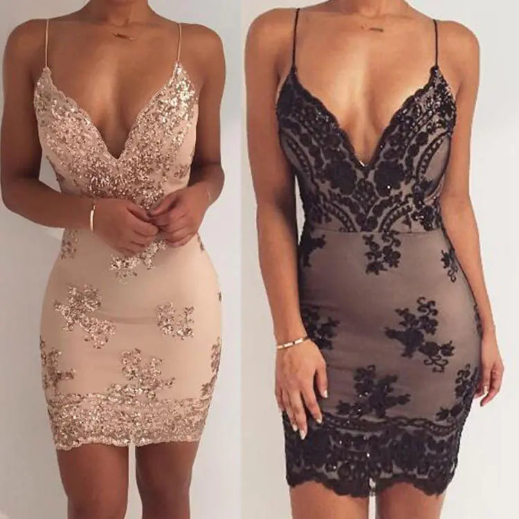 Summer Sequin Club Dress with Deep V Neck and Backless