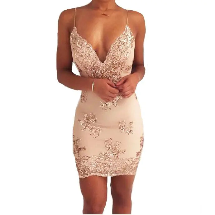 Summer Sequin Club Dress with Deep V Neck and Backless
